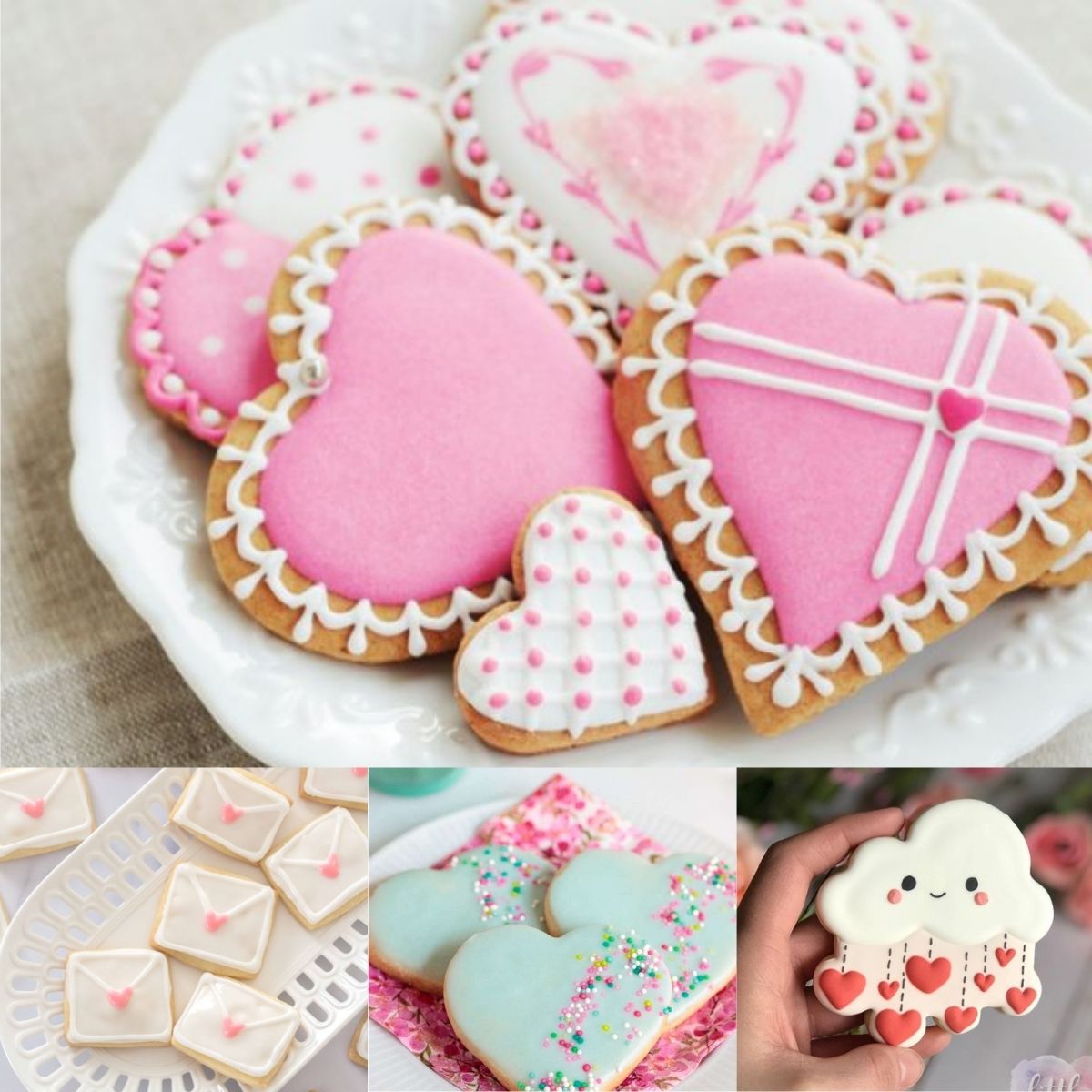 A photo collage shows examples of the easiest 2-color icing Valentine's Day cookie designs.