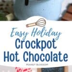 A blue mug of hot cocoa with marshmallows on top next to a photo of peppermint candy mix-ins.
