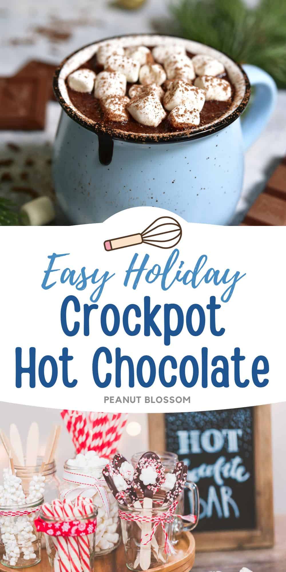 A blue mug of hot cocoa with marshmallows on top next to a photo of peppermint candy mix-ins.