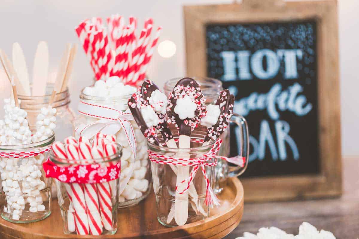 Hot chocolate station with variety of toppings.