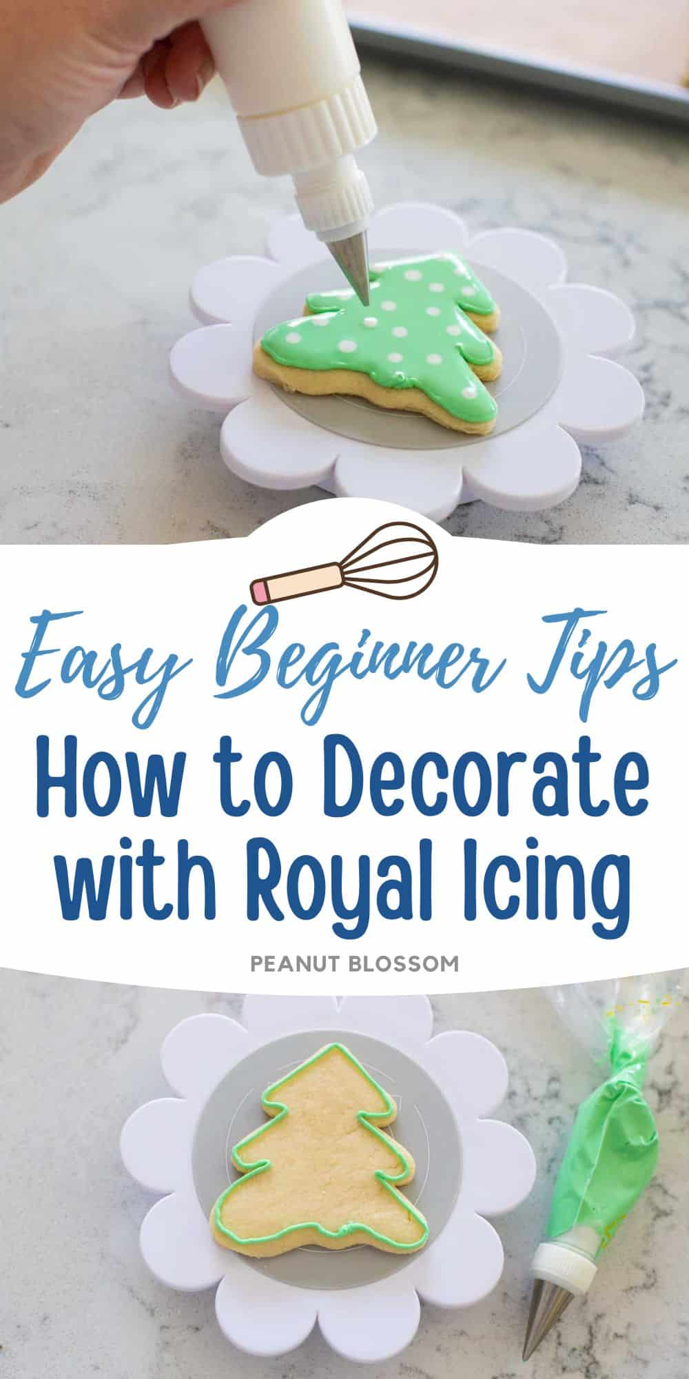 A simple tree-shaped sugar cookie is being iced green with white polka dots using royal icing.