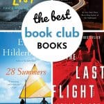 Collage of four book covers with text The best book club books 15 books for your first meeting. Books are The Guest List, 28 Summers, The Last Flight, and The Great Alone.