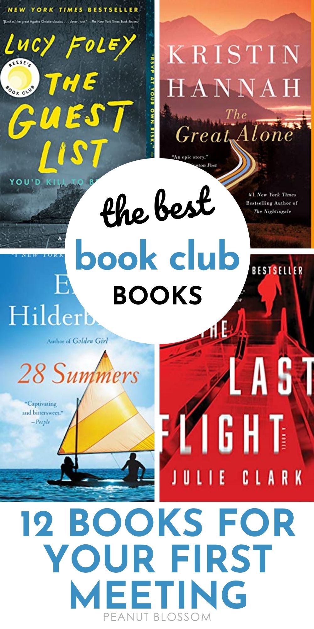 Collage of four book covers with text The best book club books 15 books for your first meeting. Books are The Guest List, 28 Summers, The Last Flight, and The Great Alone.