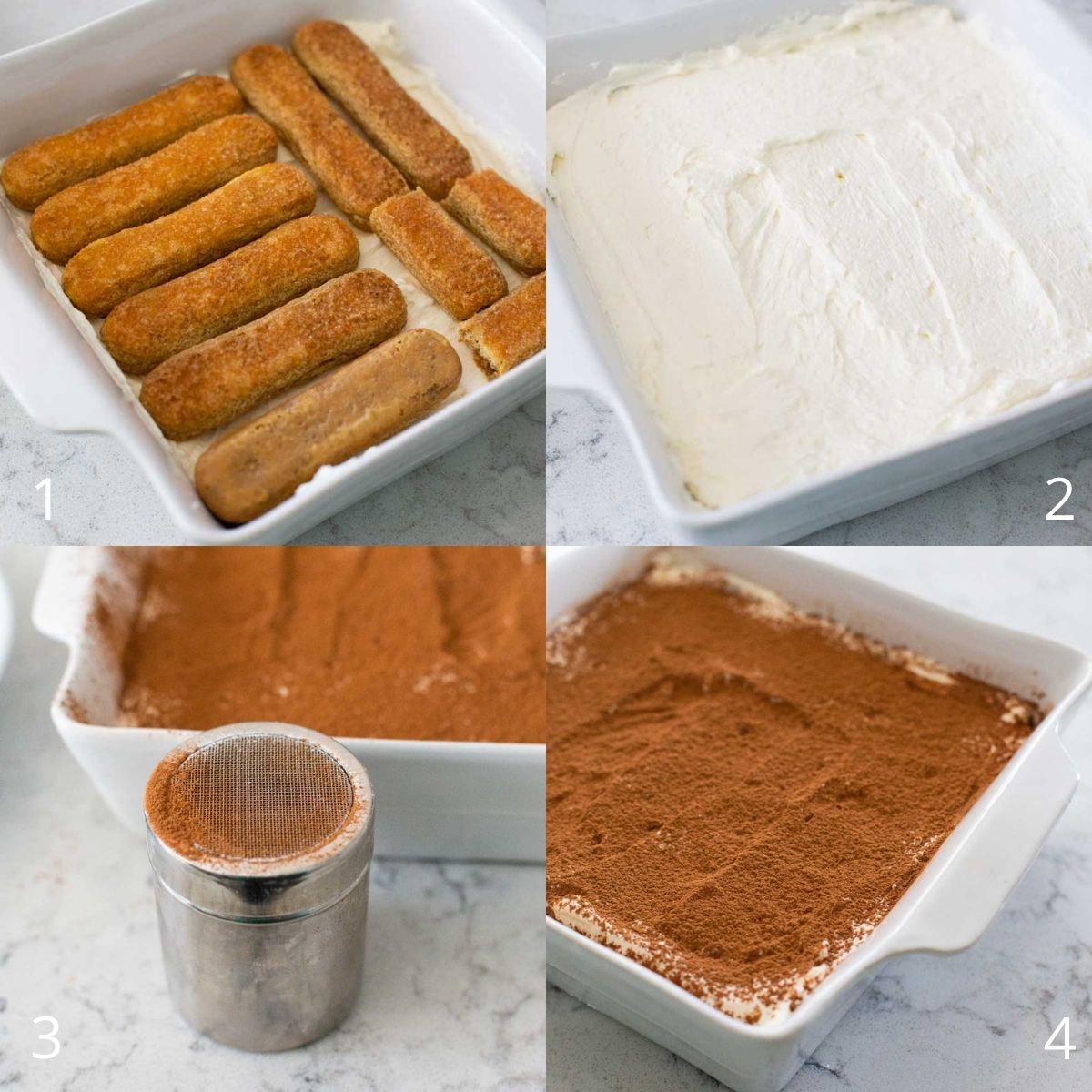 The step by step photo collage shows how to layer the coffee-soaked cookies with mascarpone cheese layer and top with powdered chocolate.