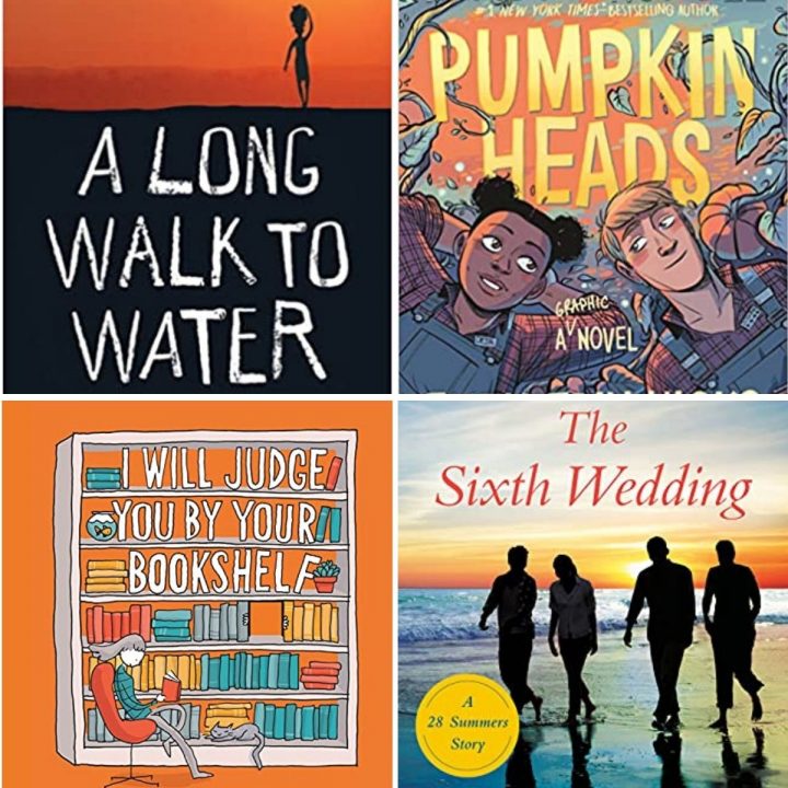 Collage of four book covers: A Long Walk to Water, Pumpkin Heads, I'll Judge You By Your Bookshelf, and The Sixth Wedding.