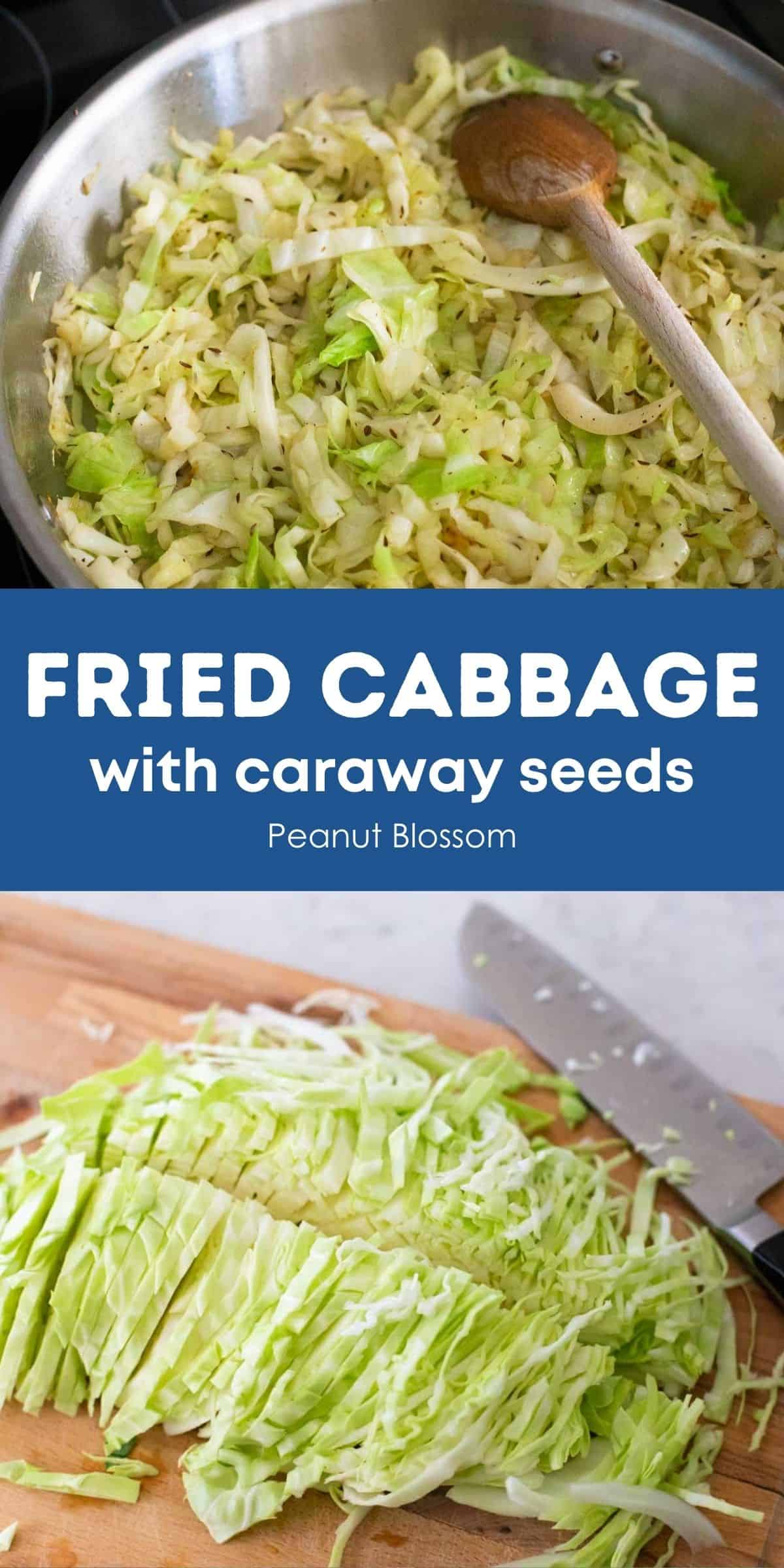 A photo collage shows how to shred the fresh cabbage and saute it in a skillet.