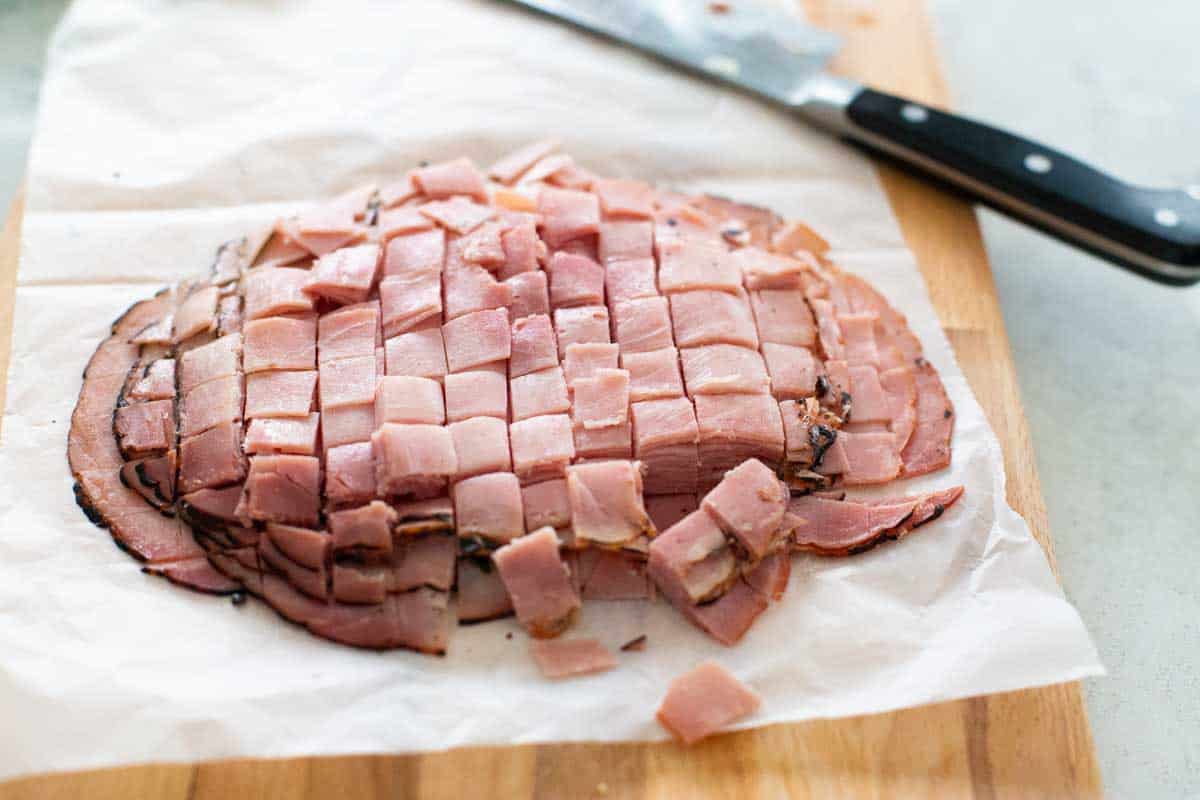 Deli ham has been sliced into small chunks.