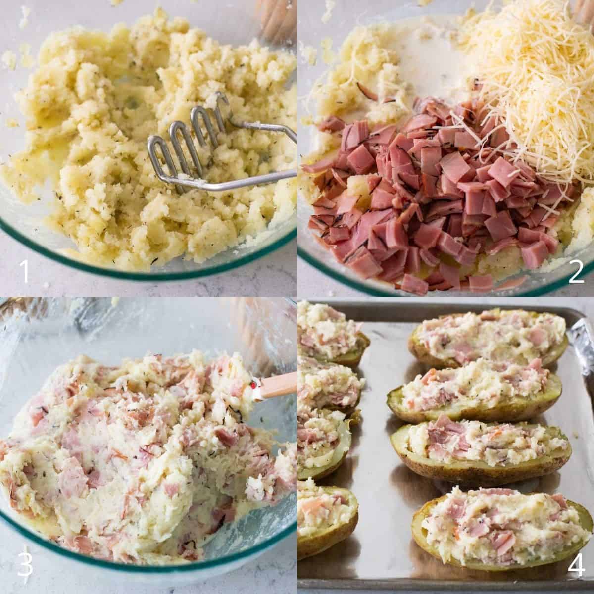 The mashed potato has been mixed with ham, cheese, and milk and then filled into the potato shells.