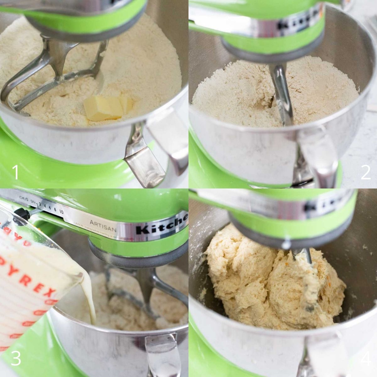 Step by Step photos show how to assemble the irish soda bread dough in a stand mixer.