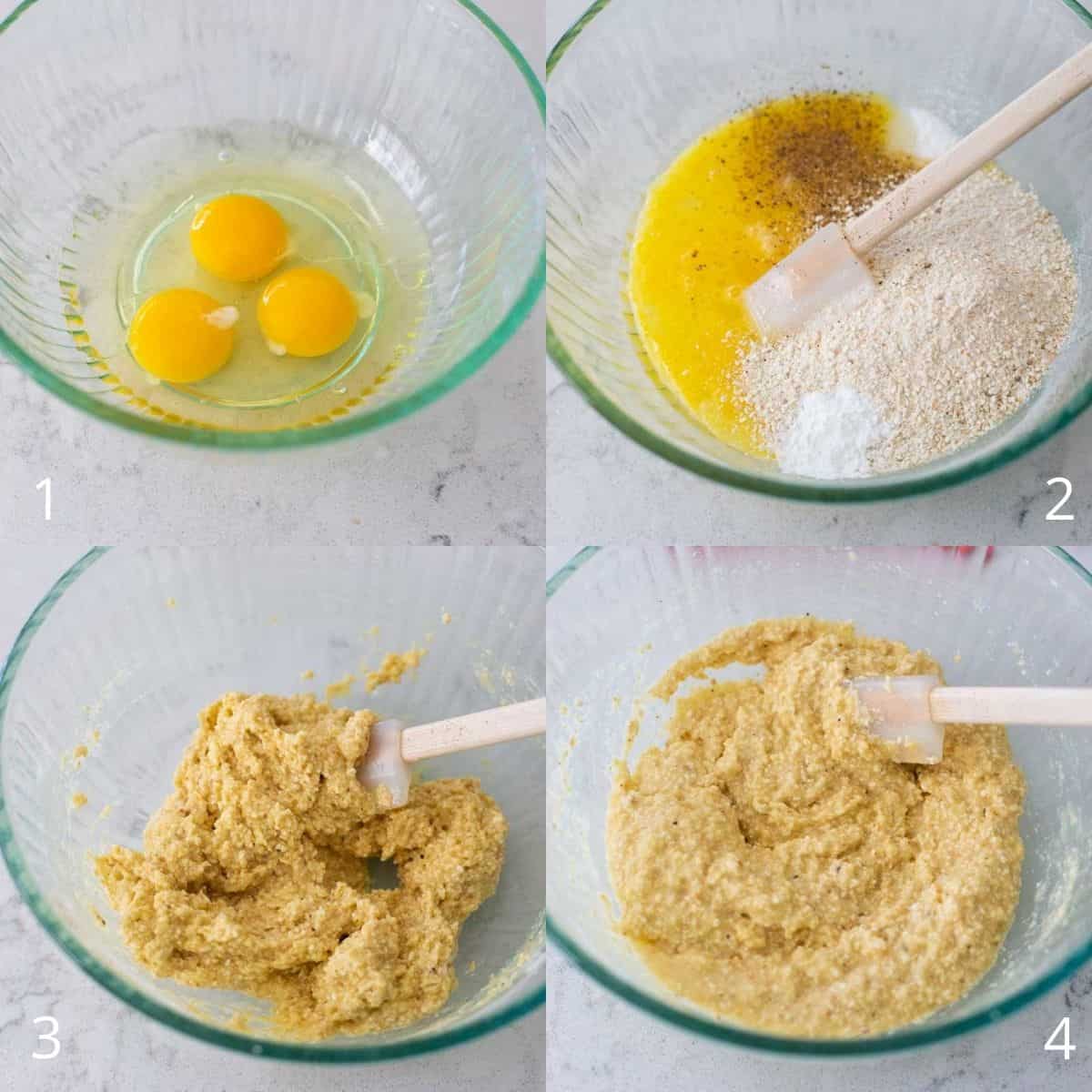 Step by step photo collage shows how to prep the dough to make matzoh balls.