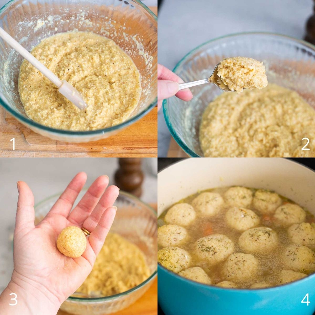 Step by step photos show how to roll the matzoh balls by hand and drop them into the soup.