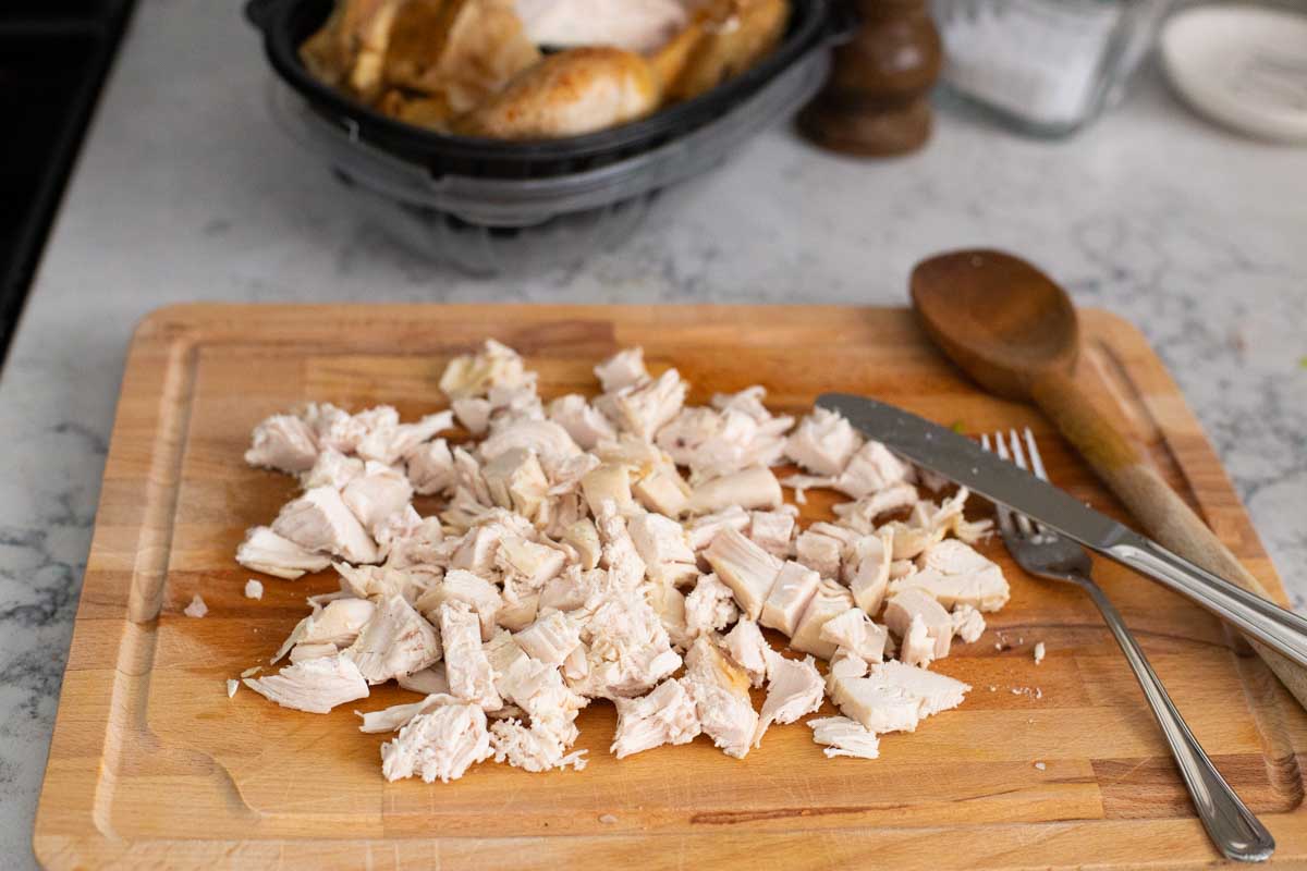 A rotisserie chicken has been shredded and diced for the soup to keep it easy.