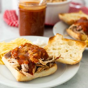 A barbecue pulled pork sandwich is on a plate next to potato chips.