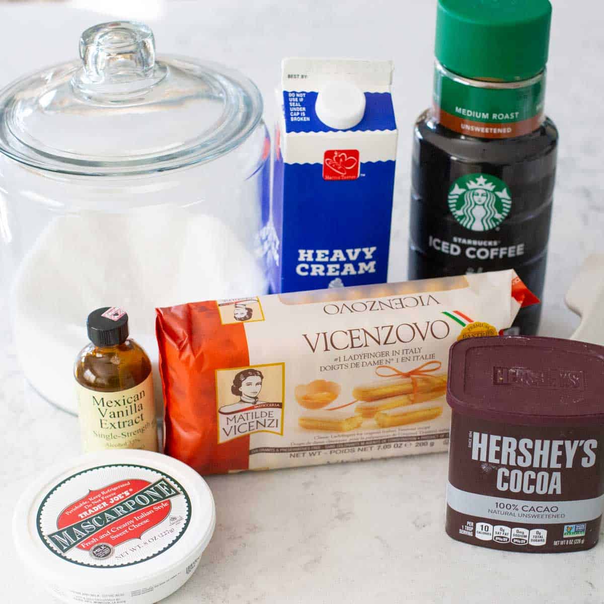 The easy ingredients to make a no-bake tiramisu are on the kitchen counter.