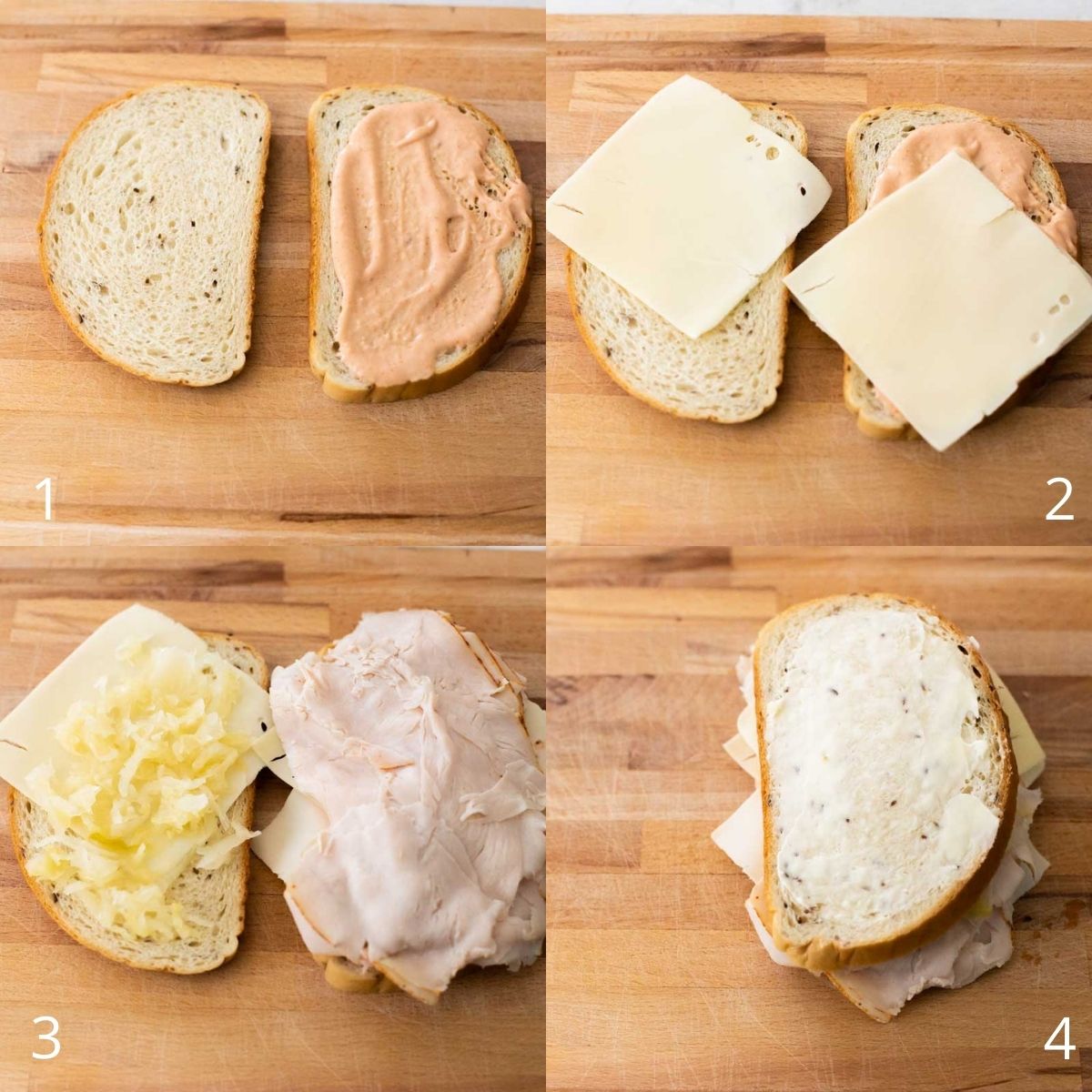 Step by step photos show how to layer the sauce, cheese, sauerkraut, and turkey on rye bread. 