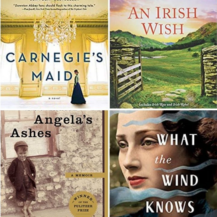 Collage of four book images Carnegie's Maid, An Irish Wish, Angela's Ashes, and What the Wind Knows.