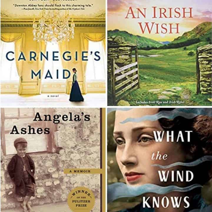Collage of four book images Carnegie's Maid, An Irish Wish, Angela's Ashes, and What the Wind Knows.