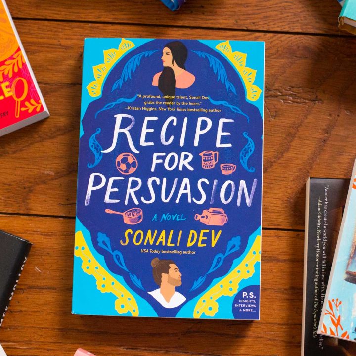 A copy of the book Recipe for Persuasion by Sonali Dev sits on a table.