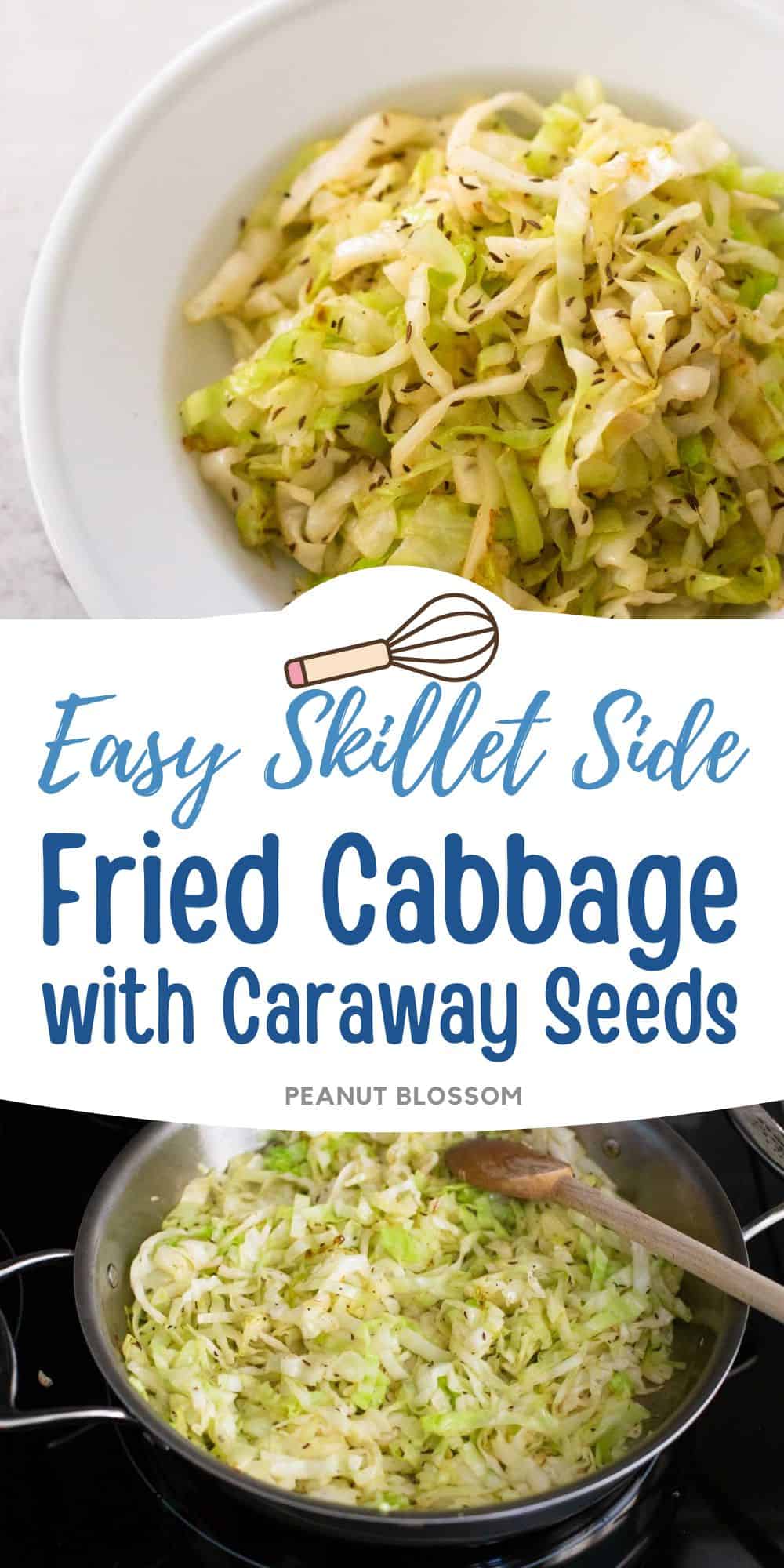 A bowl of fried cabbage with caraway seeds is next to a photo of the skillet where it was cooked.