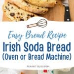 A round loaf of Irish soda bread with dried currants has been sliced on a cutting board.