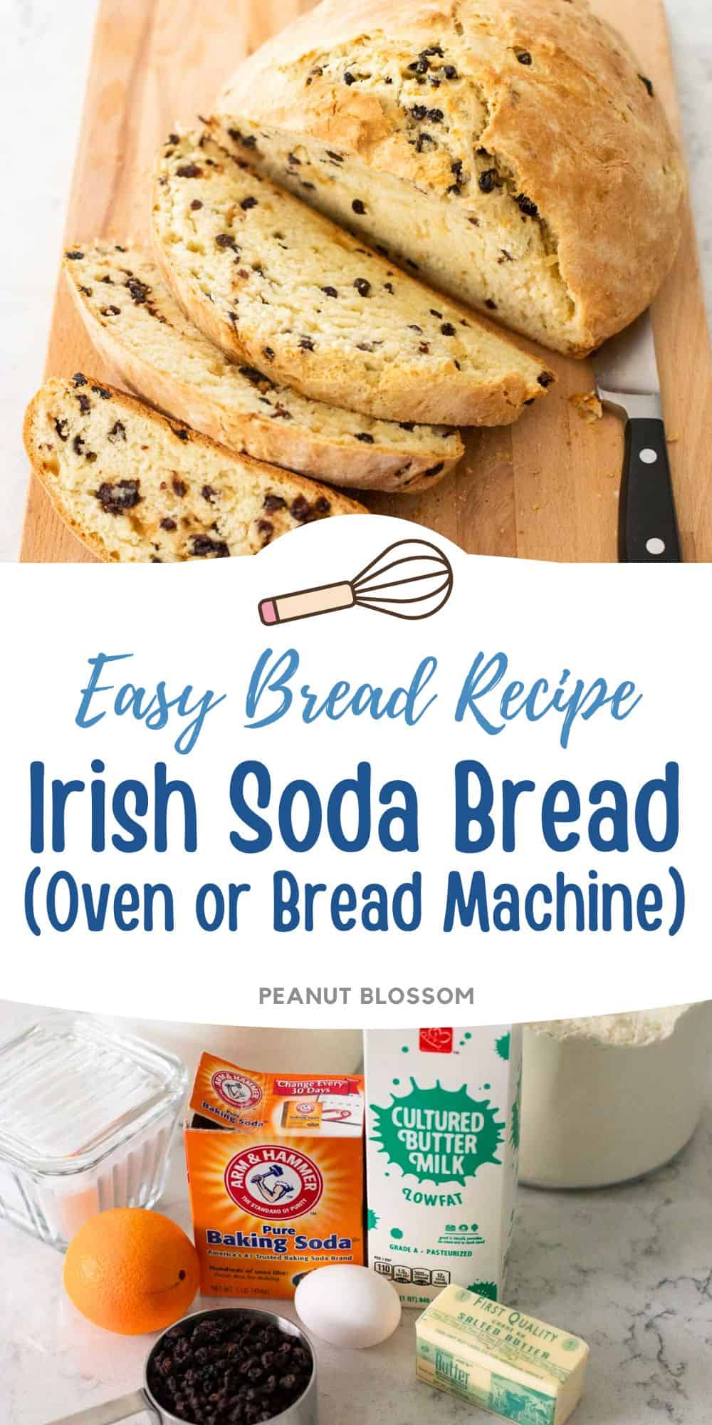 A round loaf of Irish soda bread with dried currants has been sliced on a cutting board.
