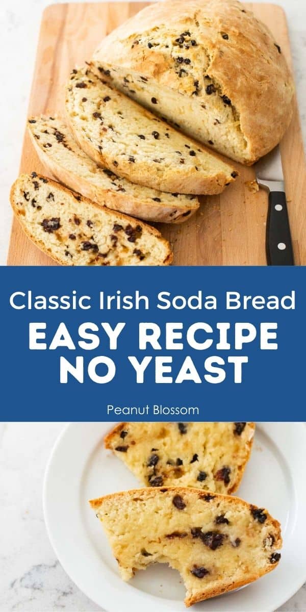 A photo collage shows the entire loaf of Irish soda bread next to a couple of slices that show the currants inside.