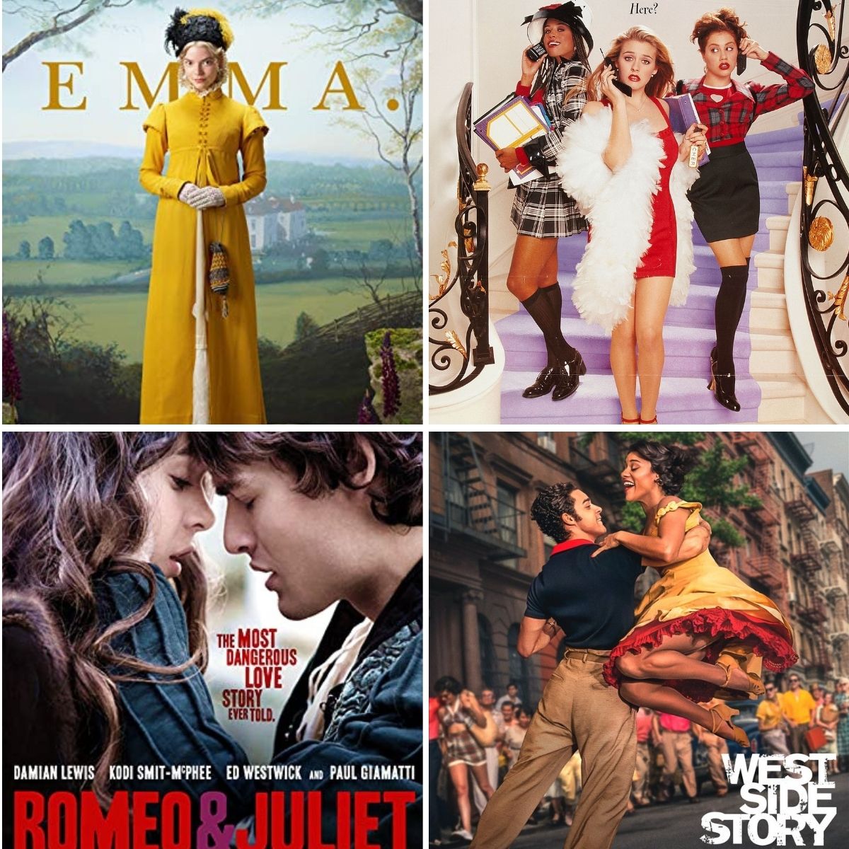 A photo collage shows the classic and modern versions of Emma and Romeo and Juliet.