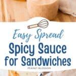 A mason jar of creamy sauce for sandwiches sits next to a pile of deli meat.