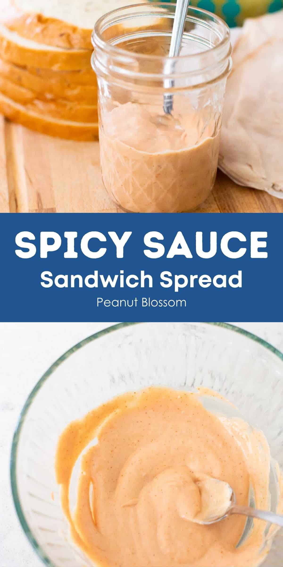 A photo collage shows the spicy sauce in a mixing bowl and on a sandwich prep board.