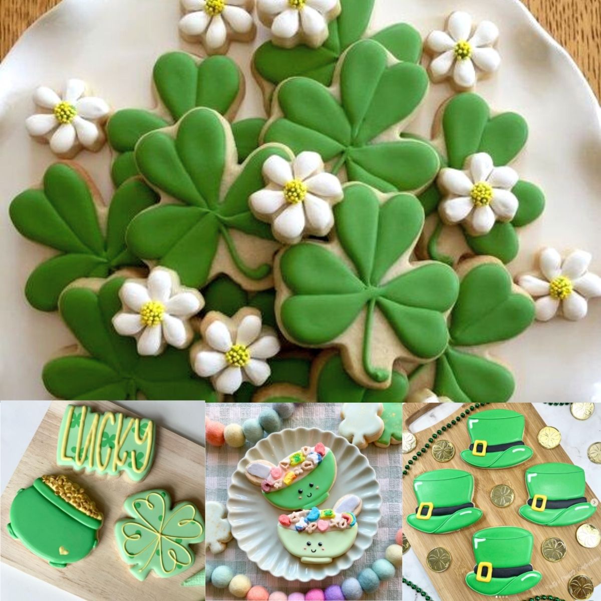 A photo collage shows several easy St. Patrick's Day sugar cookie ideas.