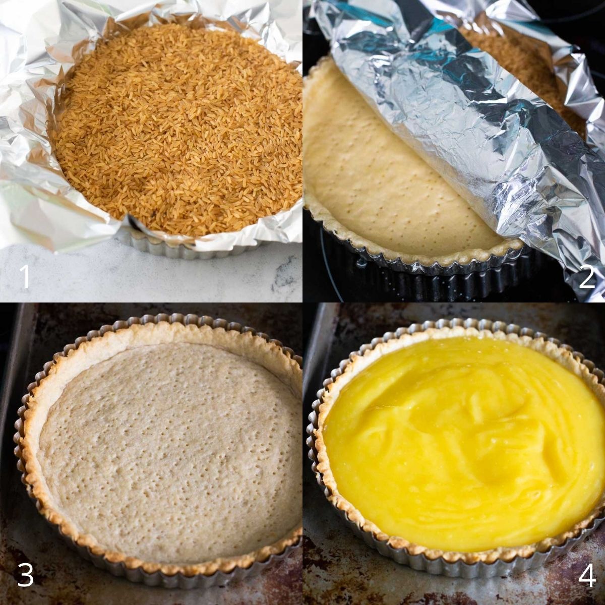 Step by step photos show how to fill the tart pan with dough, then line it with foil and rice, and bake.