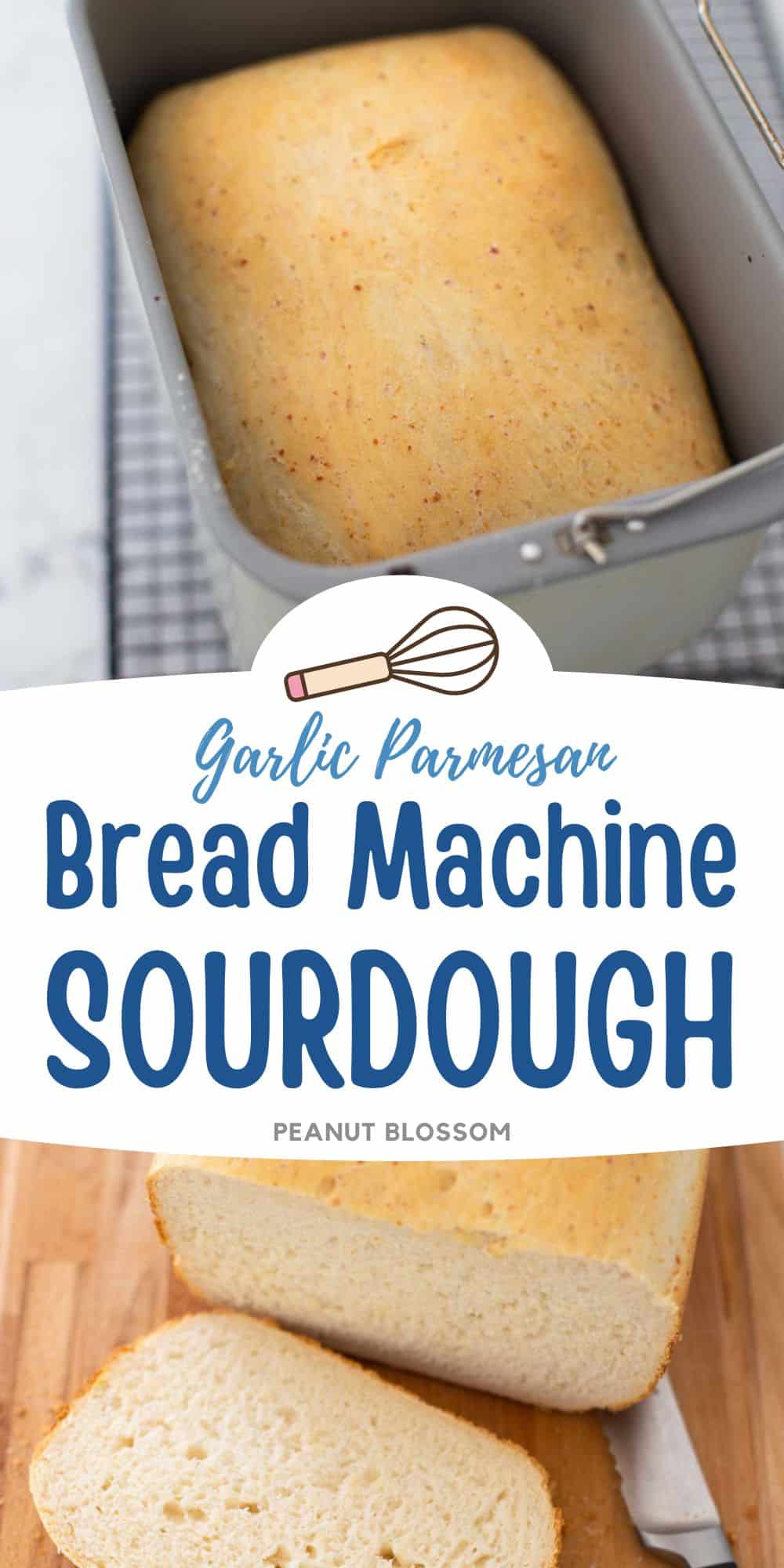 The sourdough is in the bread machine pan and then on a cutting board being sliced.