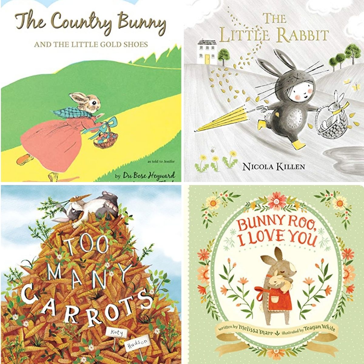 A photo collage shows the picture book covers of 4 bunny books for kids.