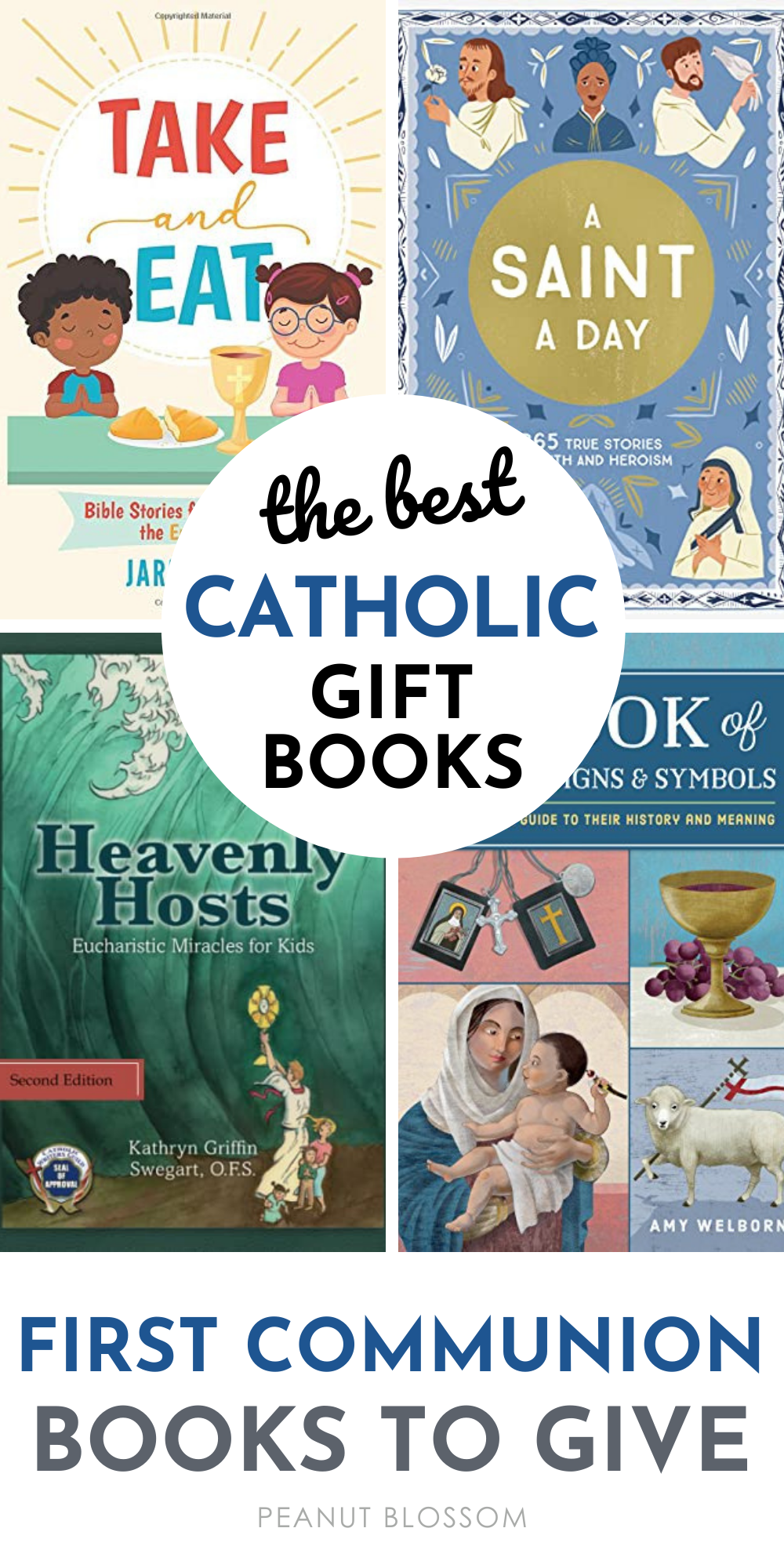 A collage shows the covers of several First Communion books for kids.