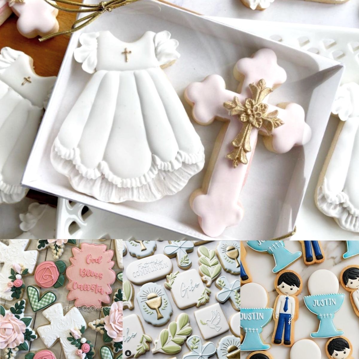 A photo collage shows some of the First Communion cookie designs for girls and boys.