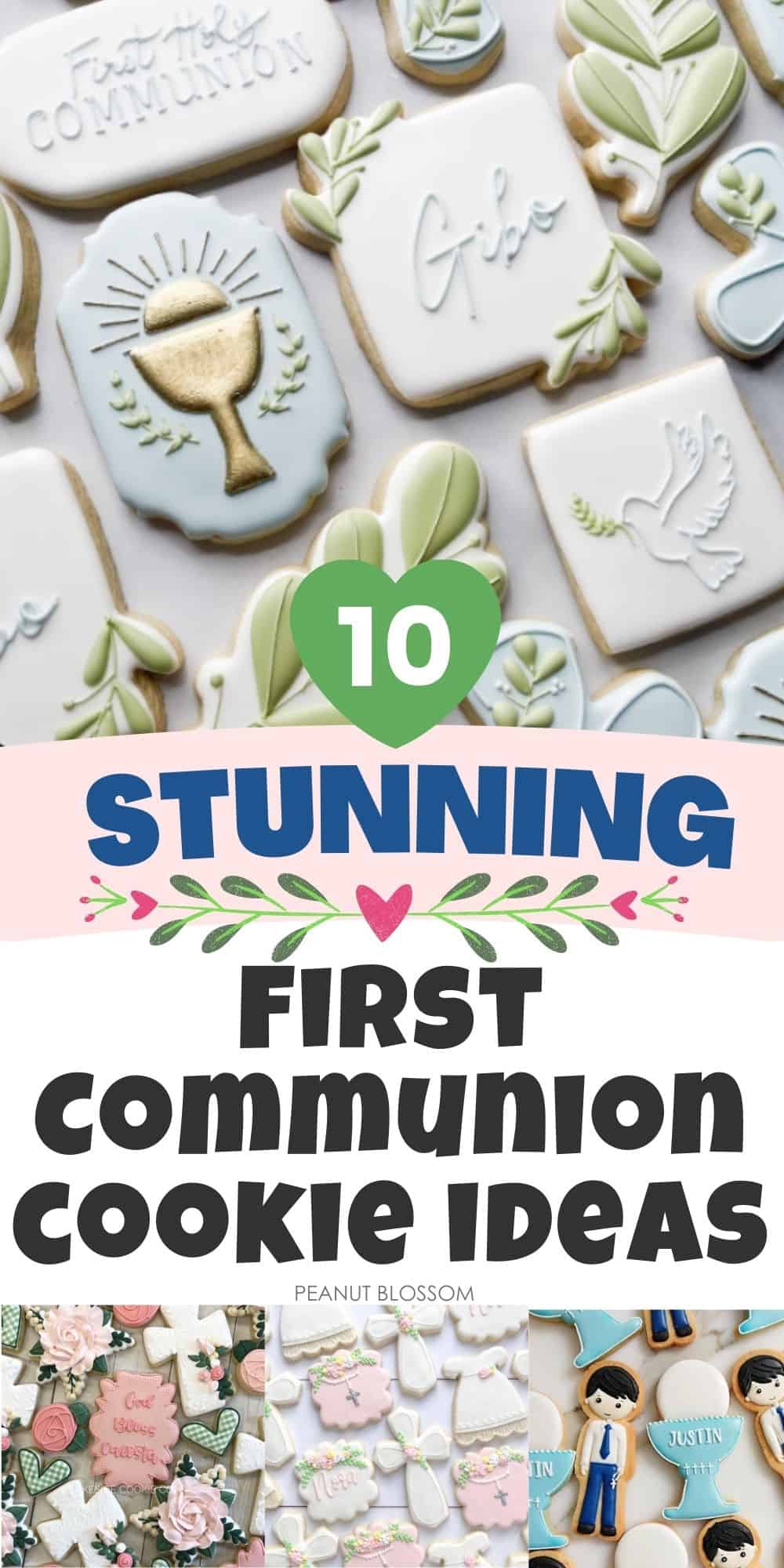 A photo collage shows several examples of the First Communion cookie ideas.