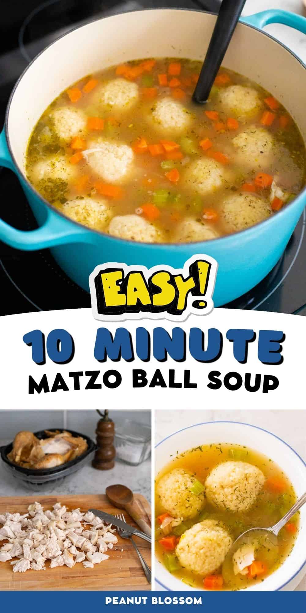 A photo collage shows the chicken, pot of soup, and a serving of matzo ball soup.