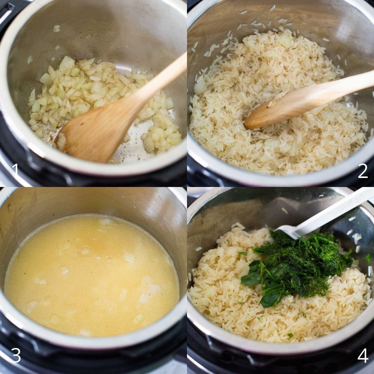 Step by step photos show how to make the rice in the Instant Pot. 