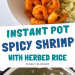 A photo collage shows the herbed rice in an Instant Pot and the bowl of shrimp and rice.