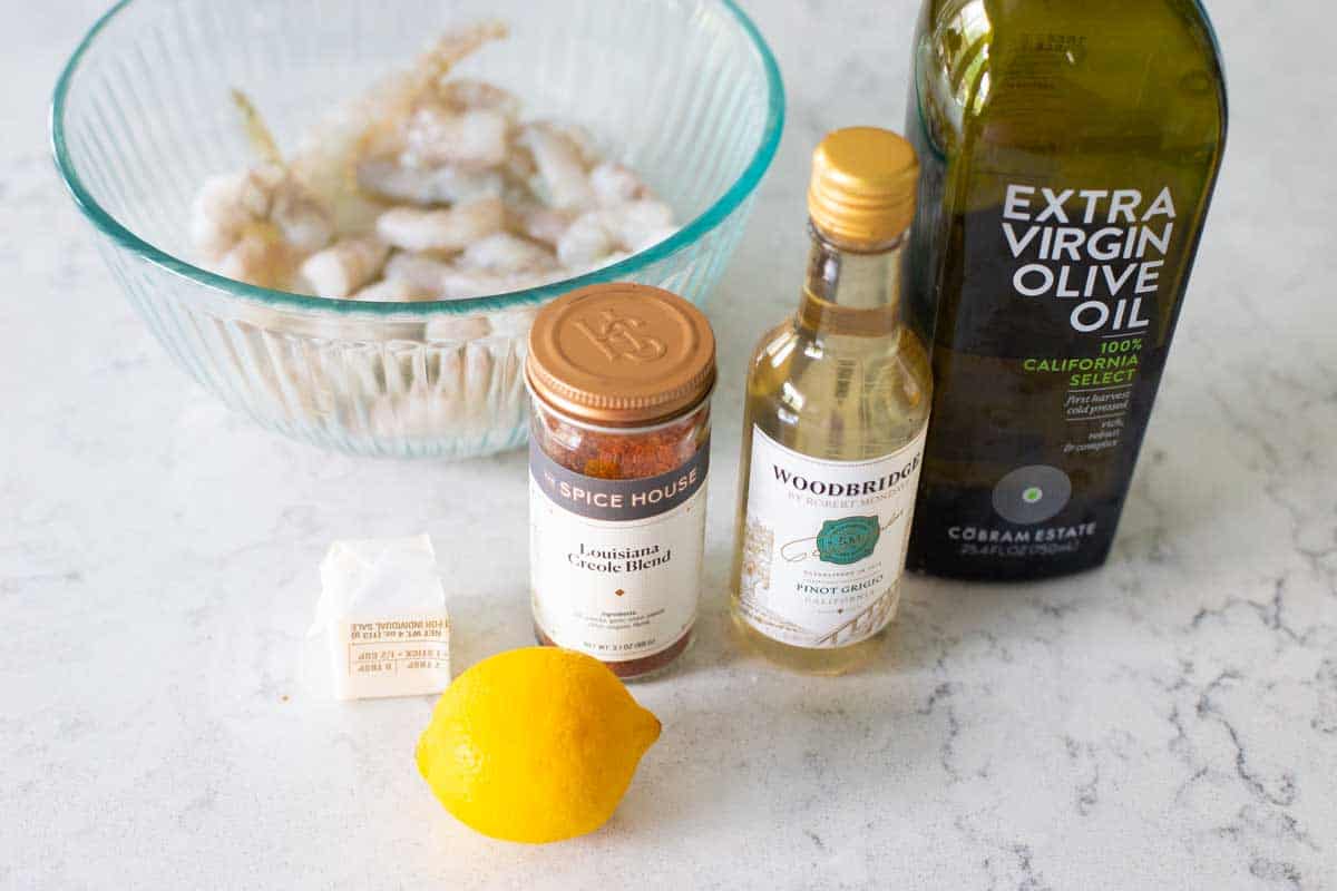 The ingredients to make Mediterranean Shrimp are on the counter