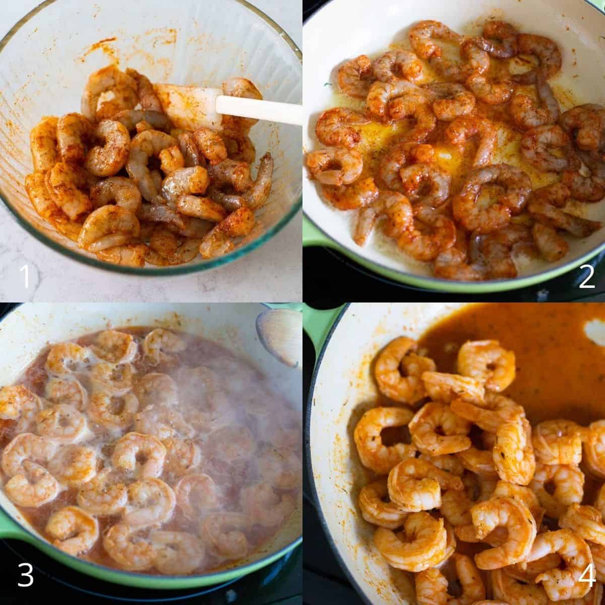 The seasoned shrimp is being cooked in a saute pan.