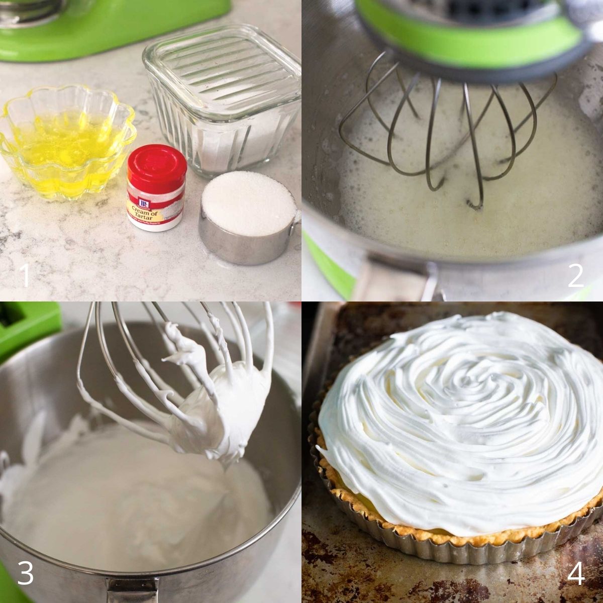 Step by step photos show how to make the egg white meringue topping.