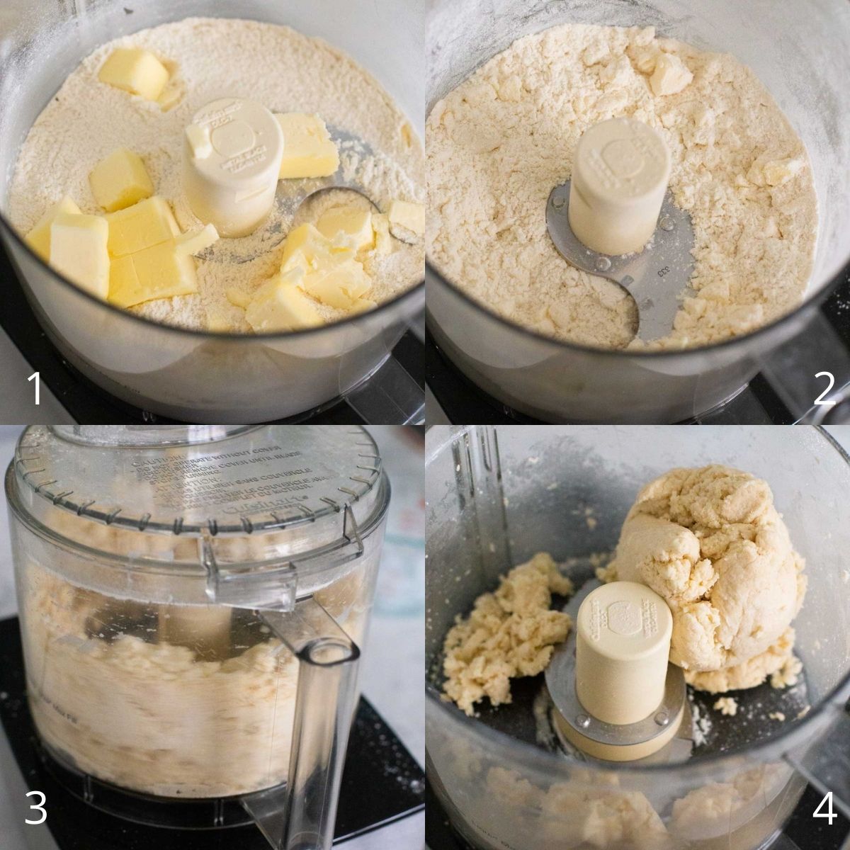 A series of photos show how to make the dough in a food processor.