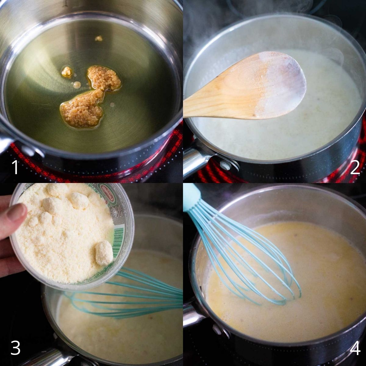 Step by step photos show how to cook the garlic and build the cream sauce with grated cheese in a saucepan.