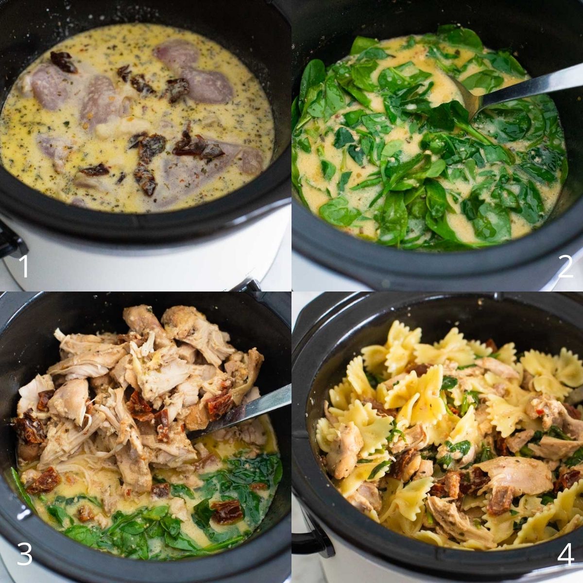 Step by step photos show how to cook the chicken, add spinach, and combine with pasta.