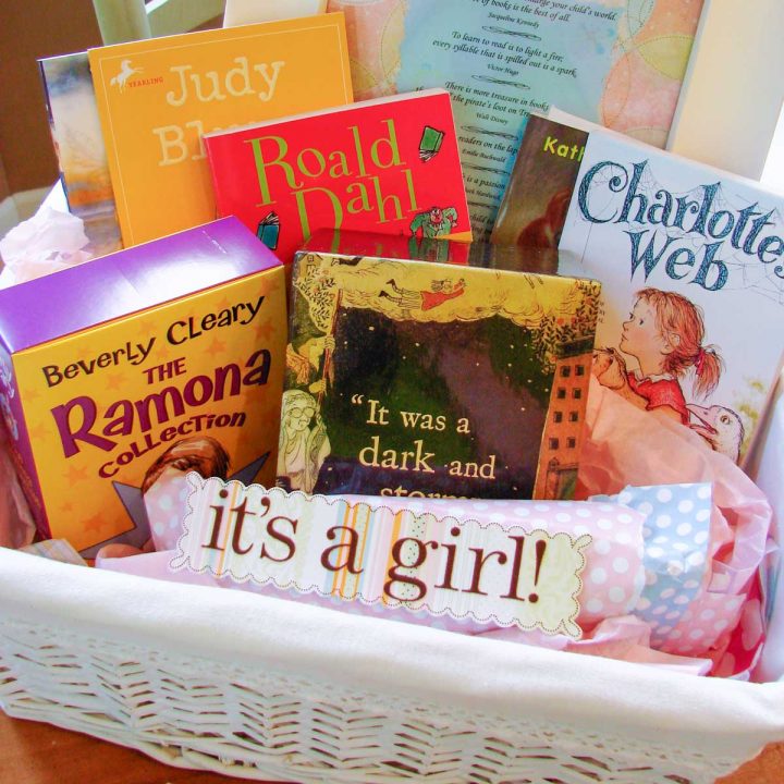 A basket of books to start a young girl's home library.