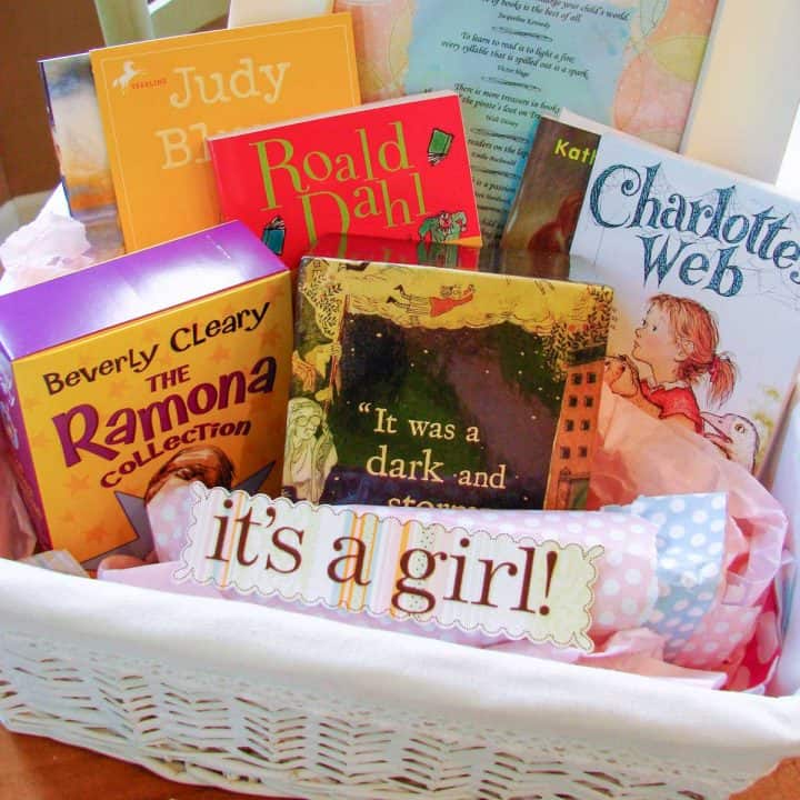 A basket of books to start a young girl's home library.