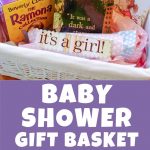 A photo collage shows a baby shower gift basket filled with books and three matching book themed baby onesies.