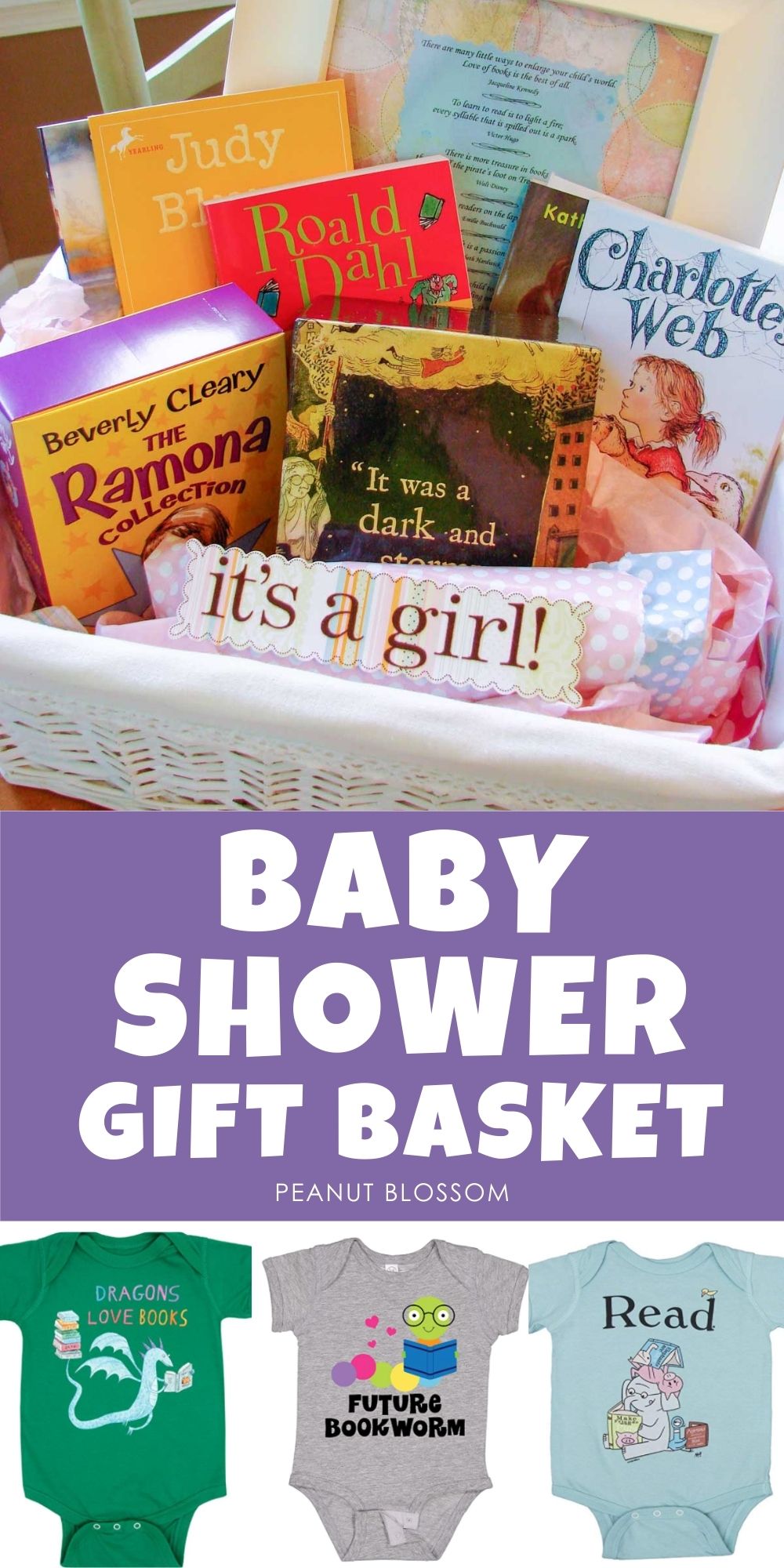 A photo collage shows a baby shower gift basket filled with books and three matching book themed baby onesies.