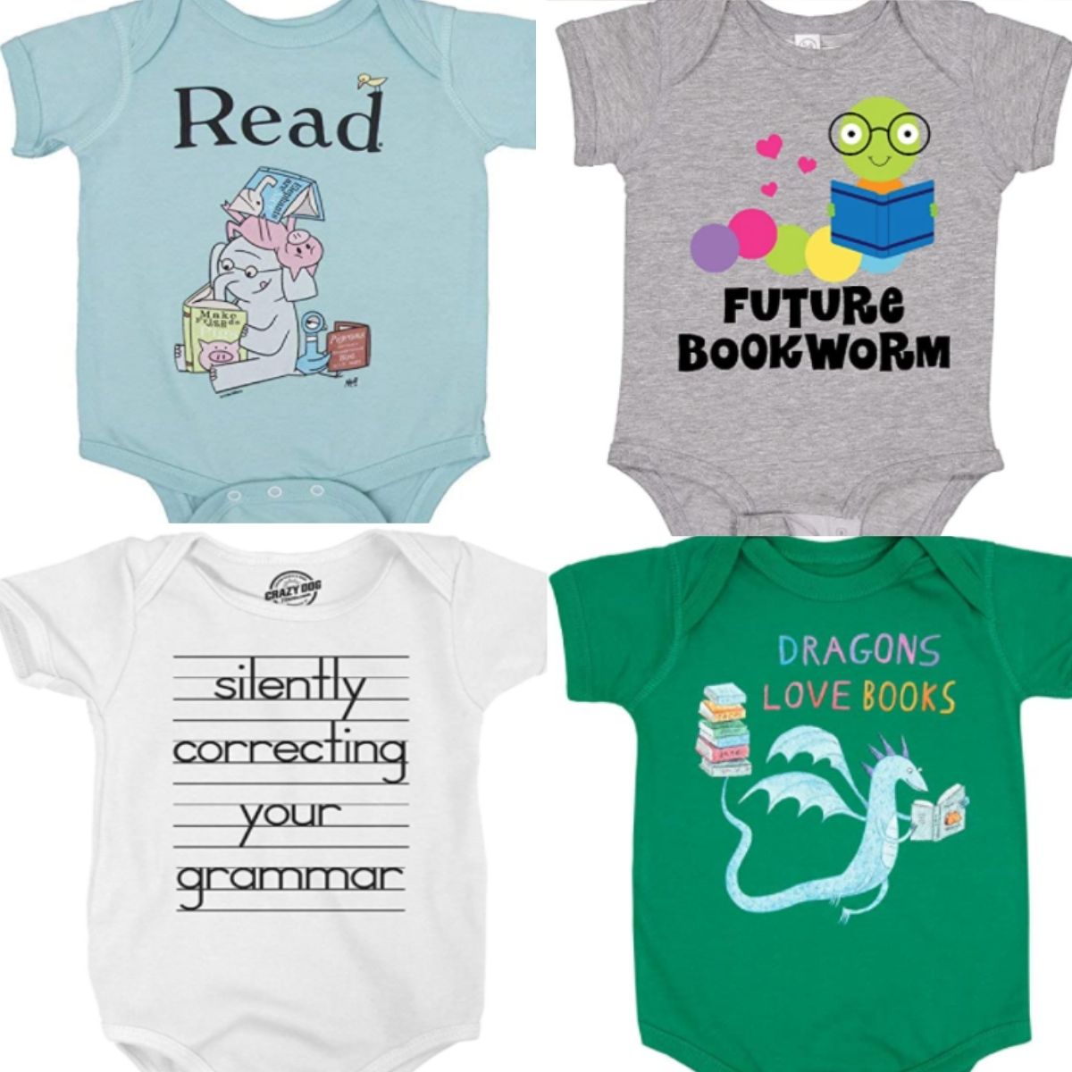 4 baby onesies with book themes on the design.